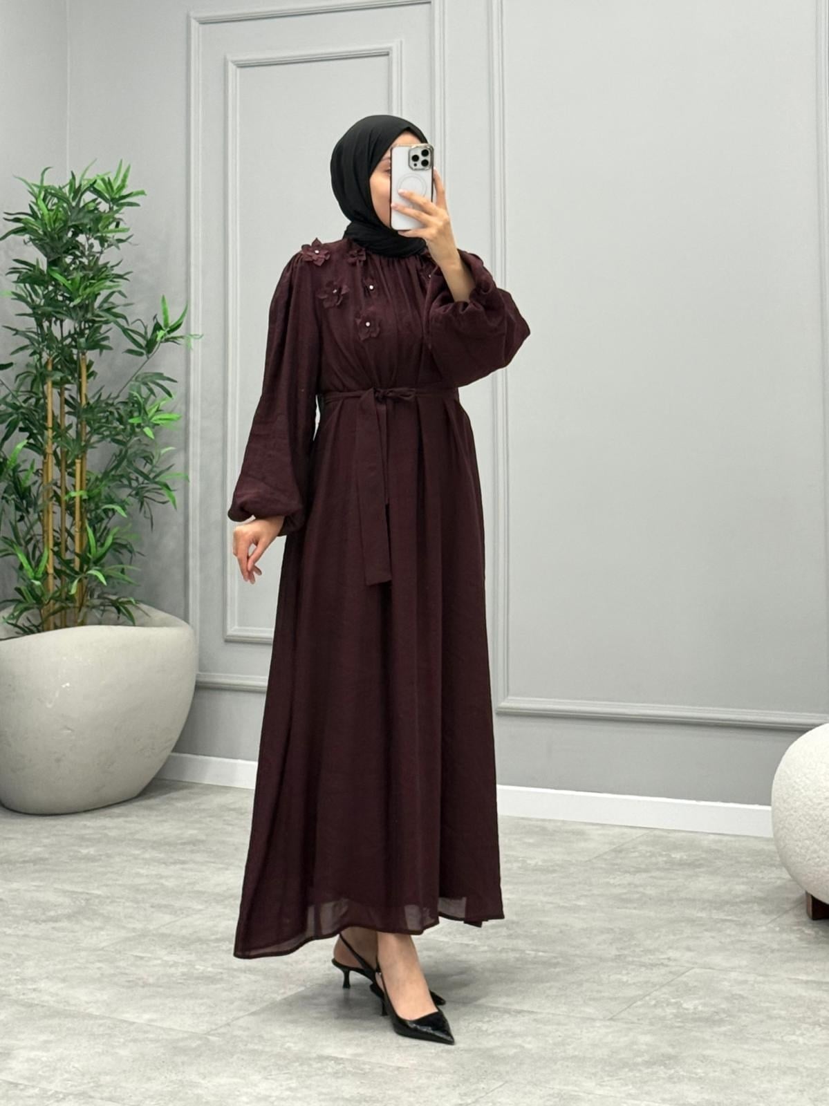 Aven Çiçek Detaylı Elbise -Bordo