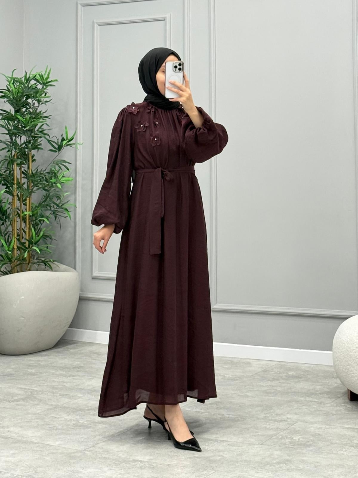 Aven Çiçek Detaylı Elbise -Bordo
