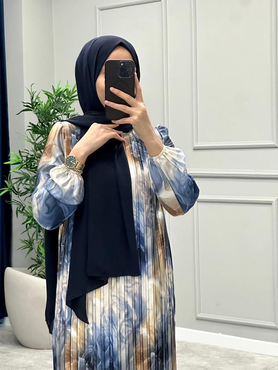 Belinde Desenli Saten Elbise-Mavi