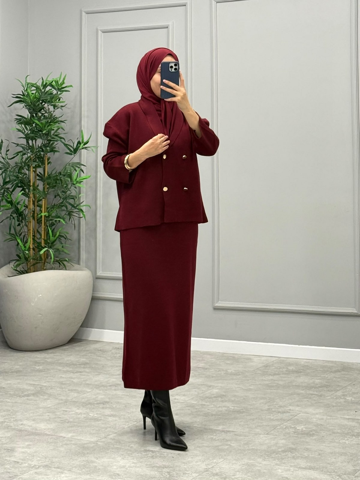 Bellis Düğmeli Merserize Takım -Bordo