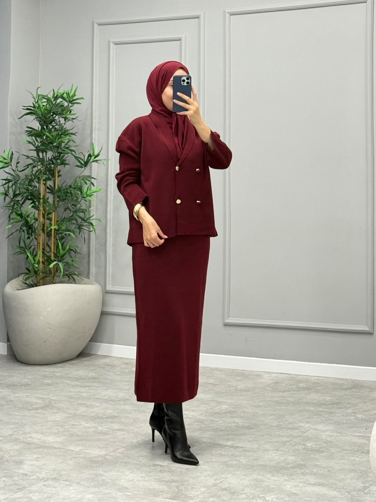 Bellis Düğmeli Merserize Takım -Bordo