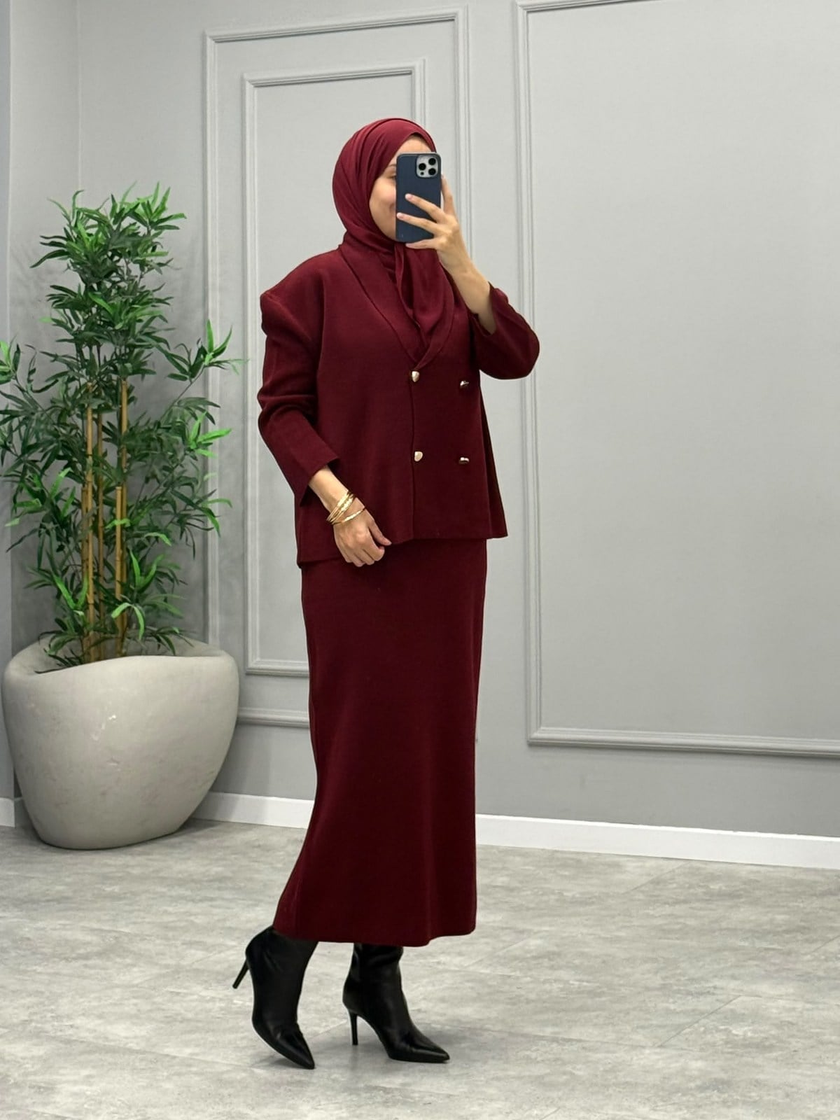 Bellis Düğmeli Merserize Takım -Bordo