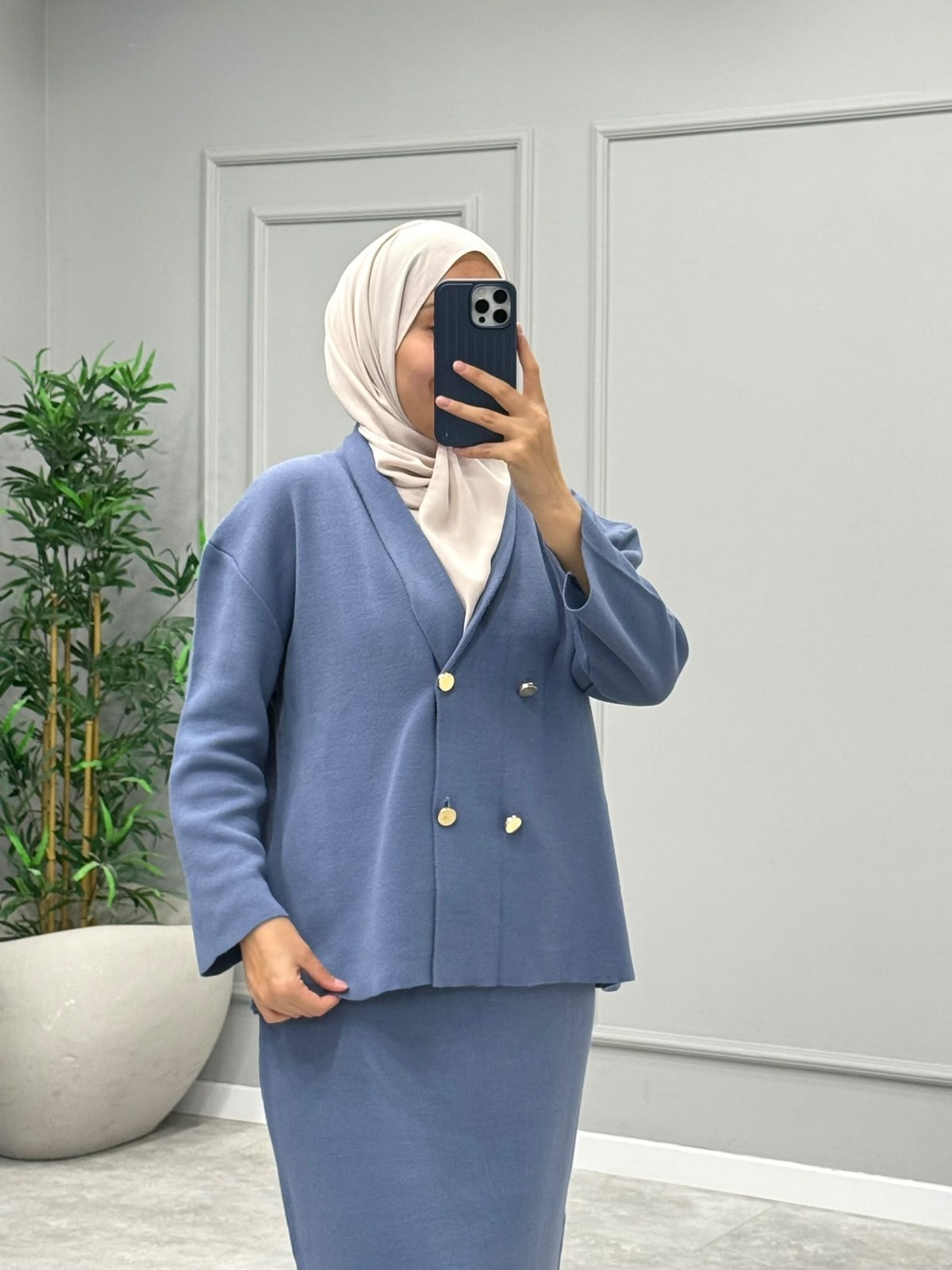 Bellis Düğmeli Merserize Takım -İndigo