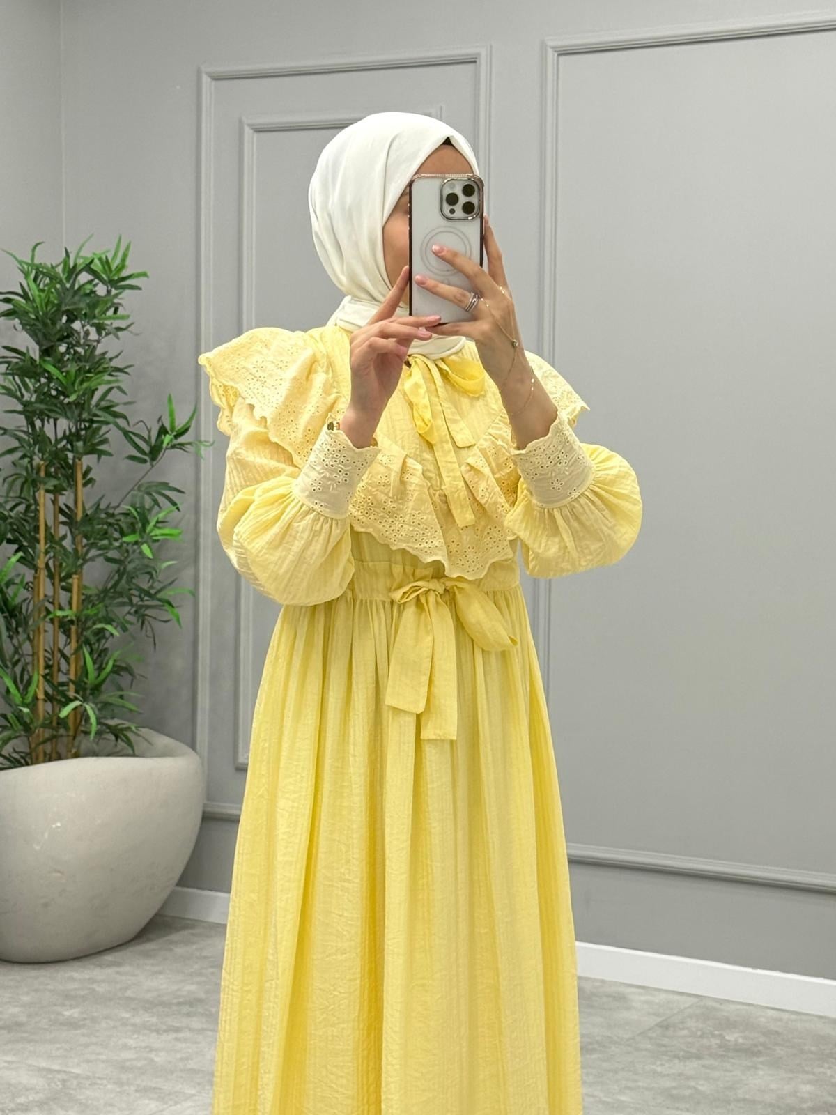 Bloom Yaka Detay Elbise -Sarı