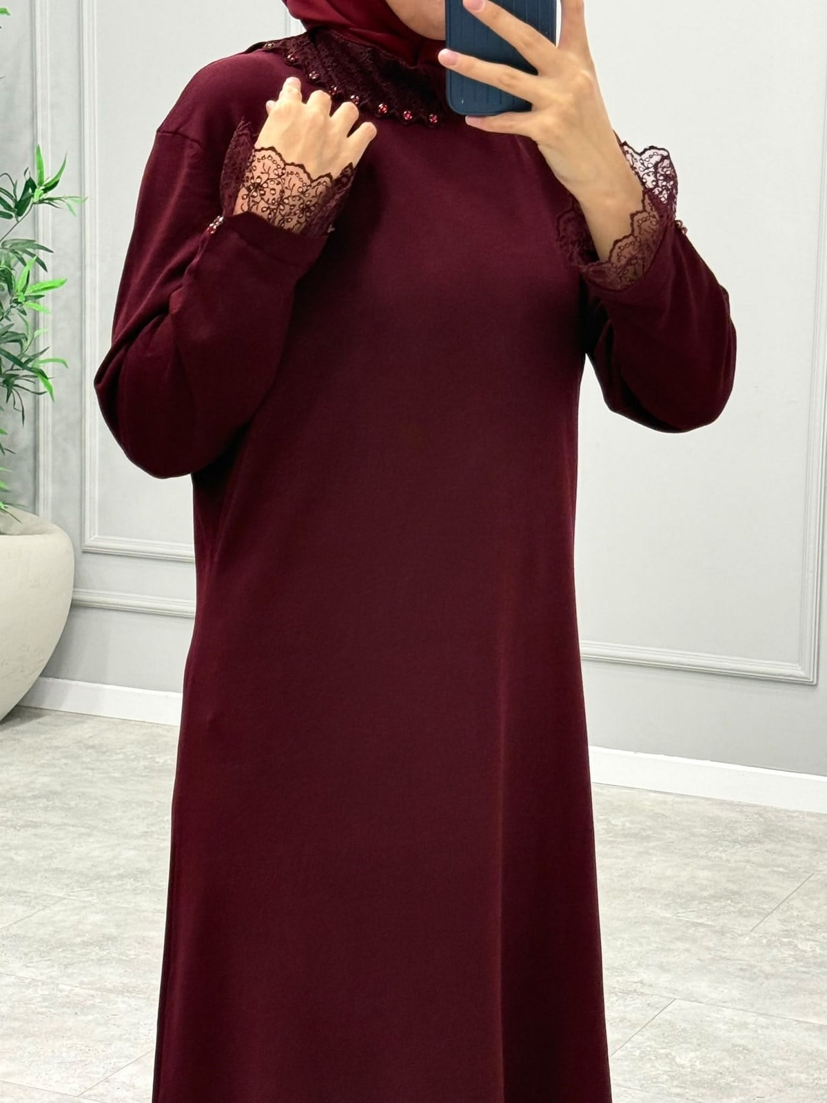 Cupse Dantel Detay Elbise -Bordo