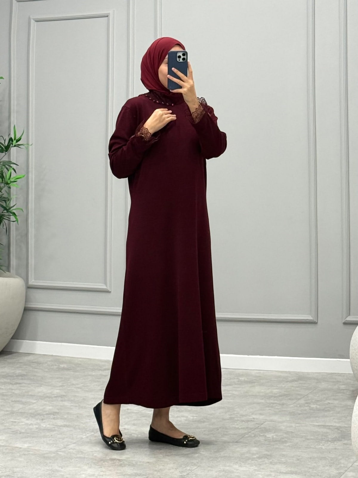 Cupse Dantel Detay Elbise -Bordo