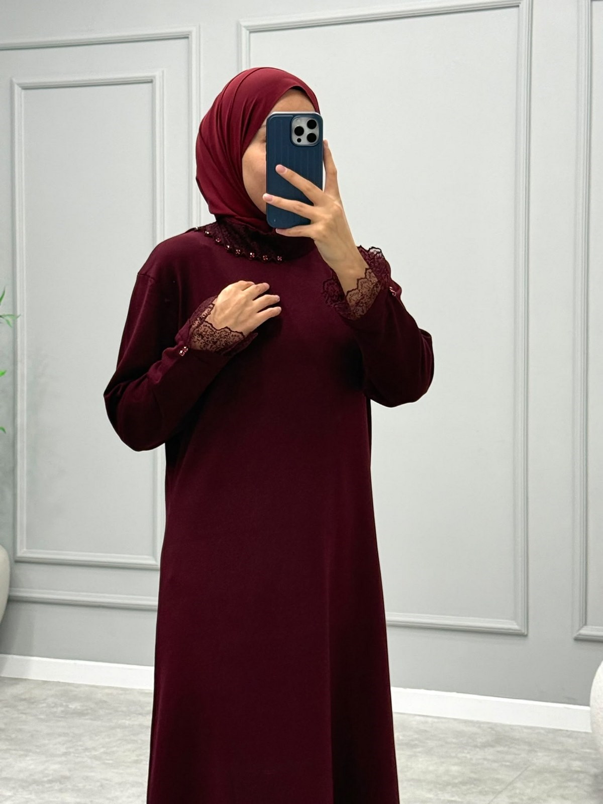 Cupse Dantel Detay Elbise -Bordo