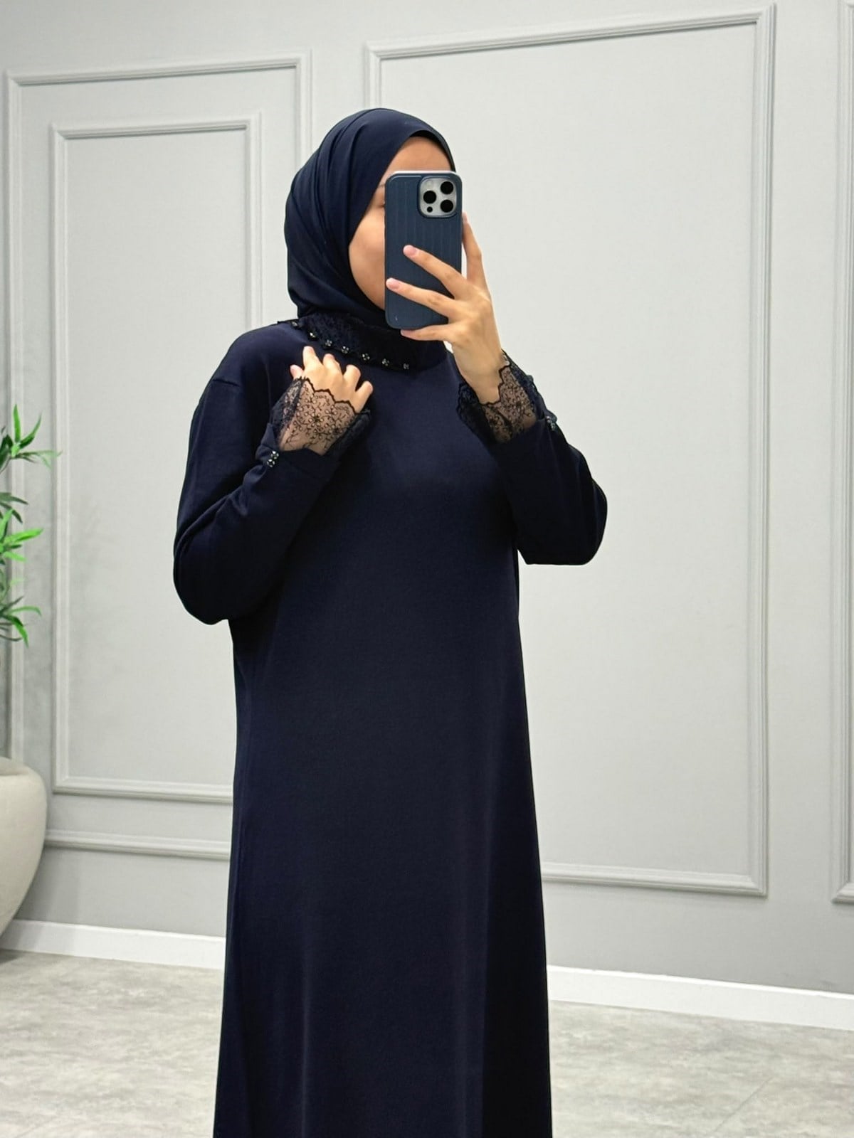 Cupse Dantel Detay Elbise -Lacivert