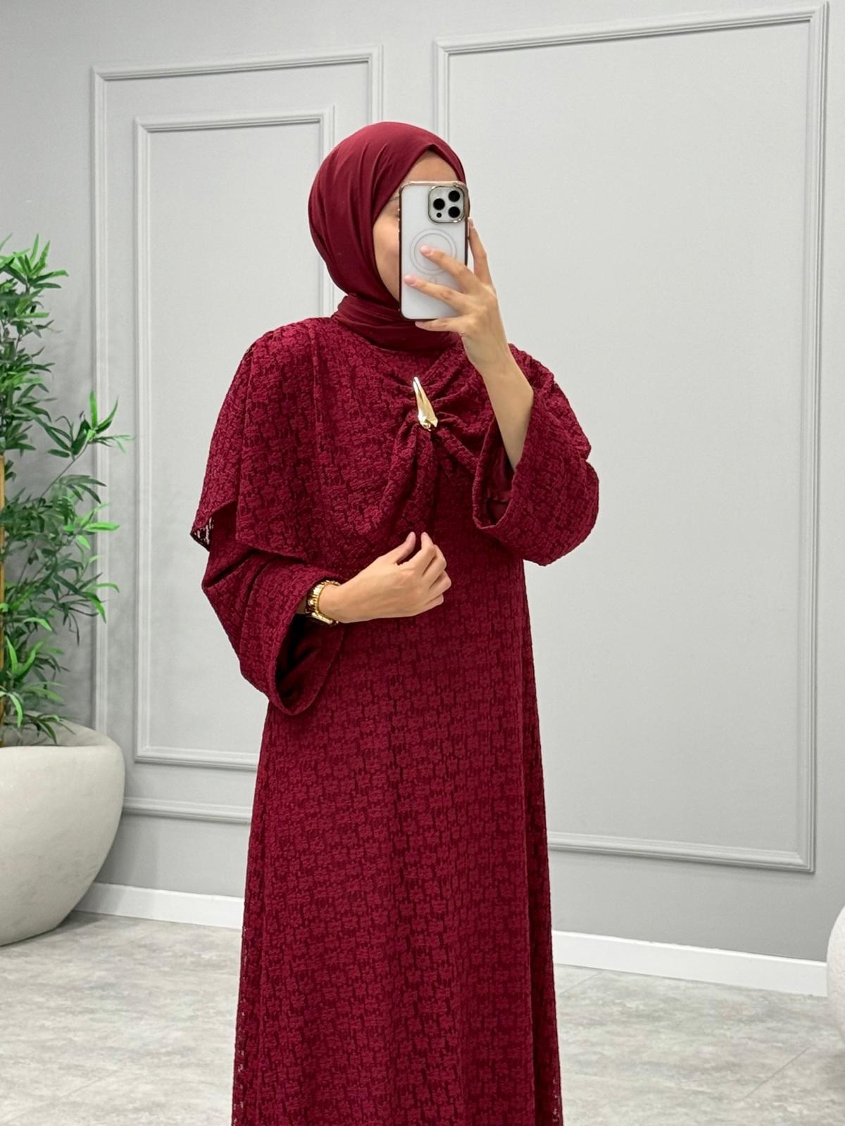 Delina Pelerinli Elbise -Bordo