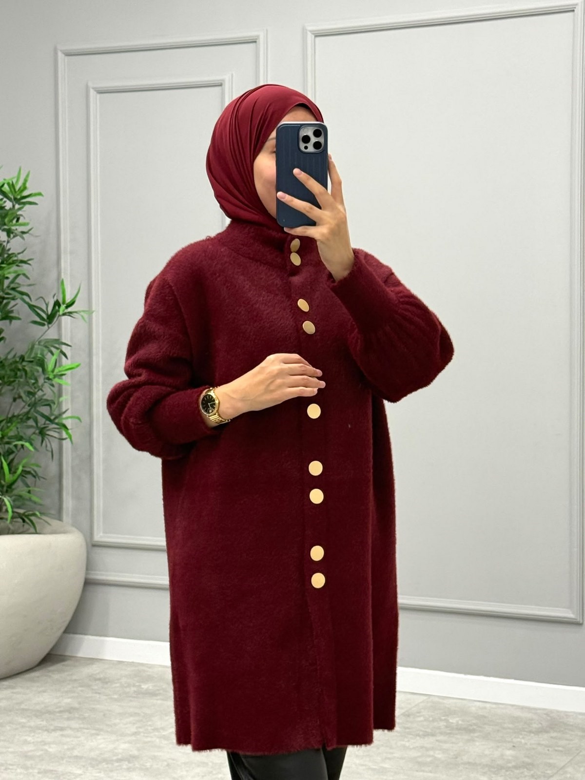 Diana Düğmeli Angora Hırka -Bordo