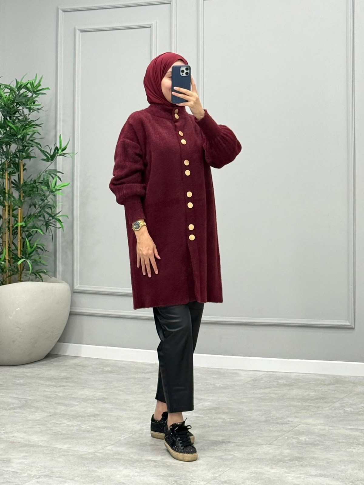 Diana Düğmeli Angora Hırka -Bordo