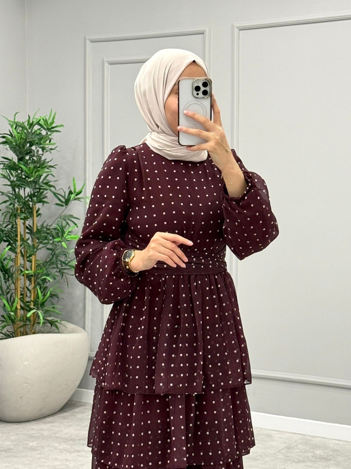 Diora Puantiye Desen Elbise -Bordo