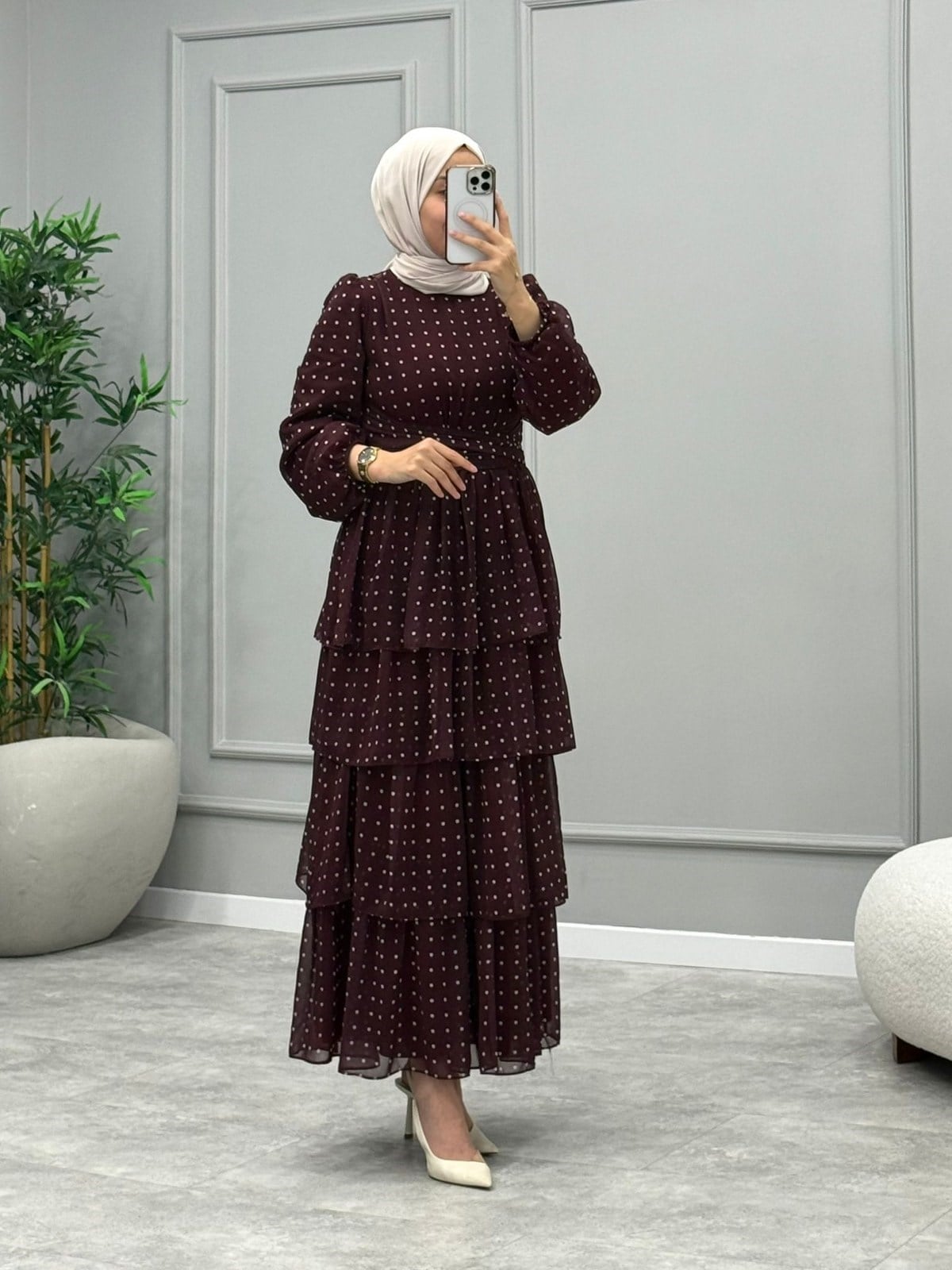 Diora Puantiye Desen Elbise -Bordo