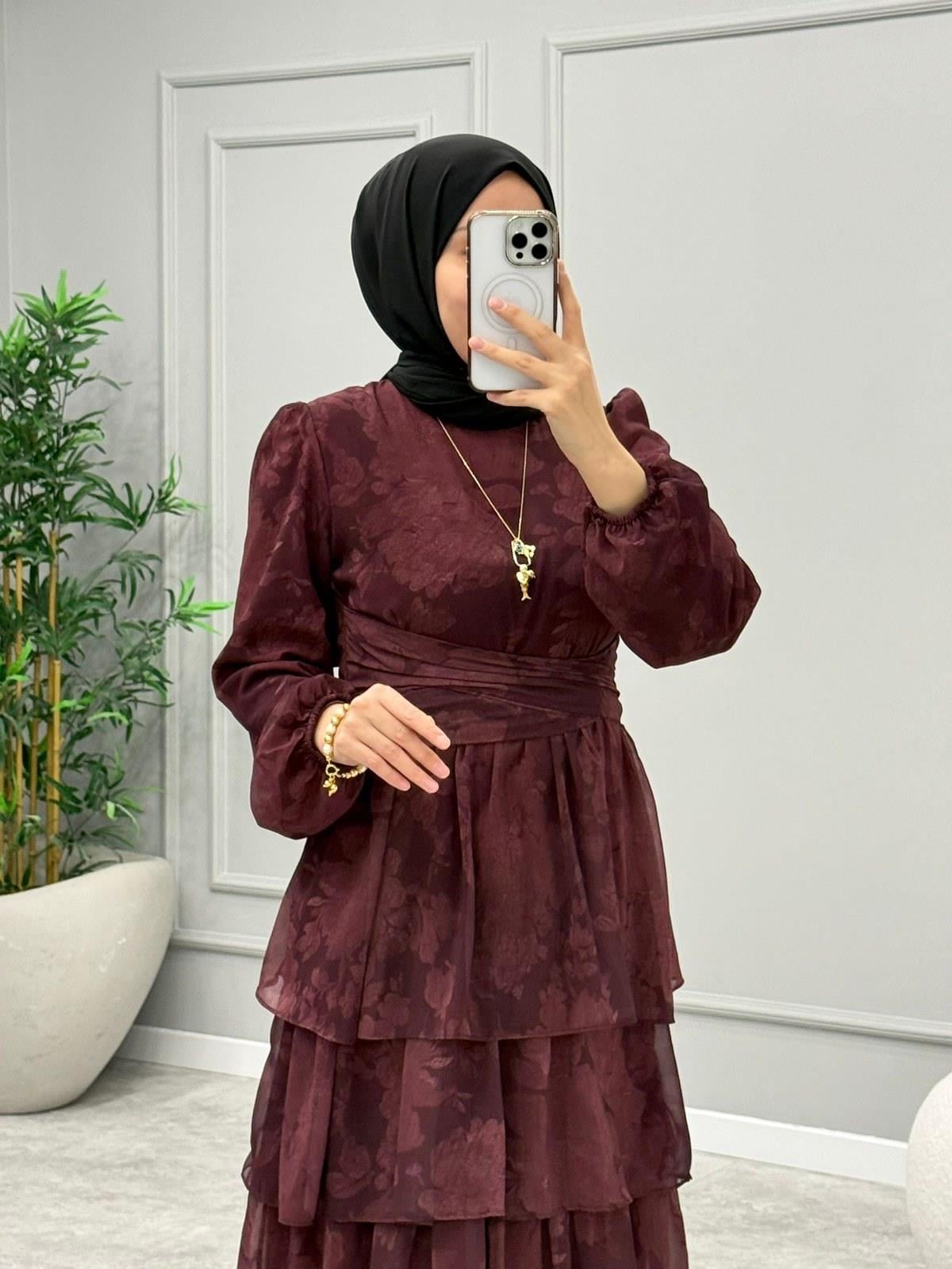 Elsa Çiçek Desen Elbise -Bordo