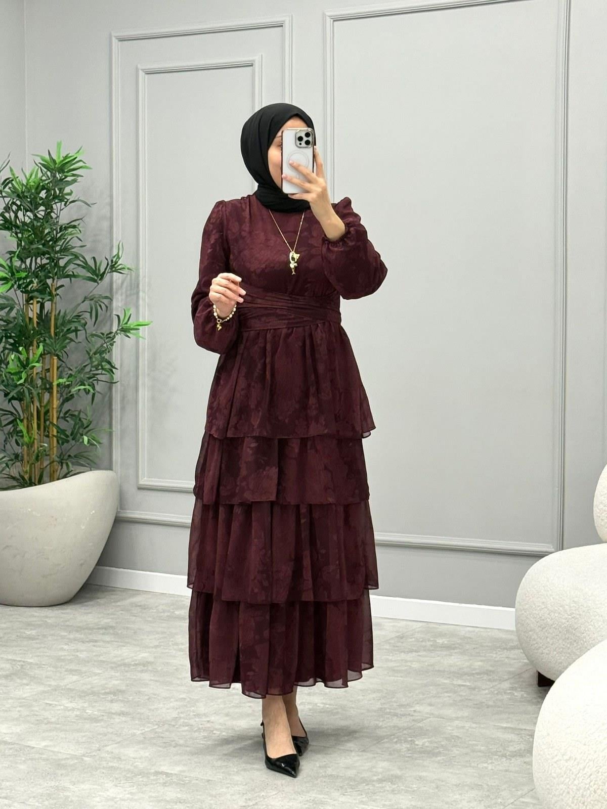 Elsa Çiçek Desen Elbise -Bordo