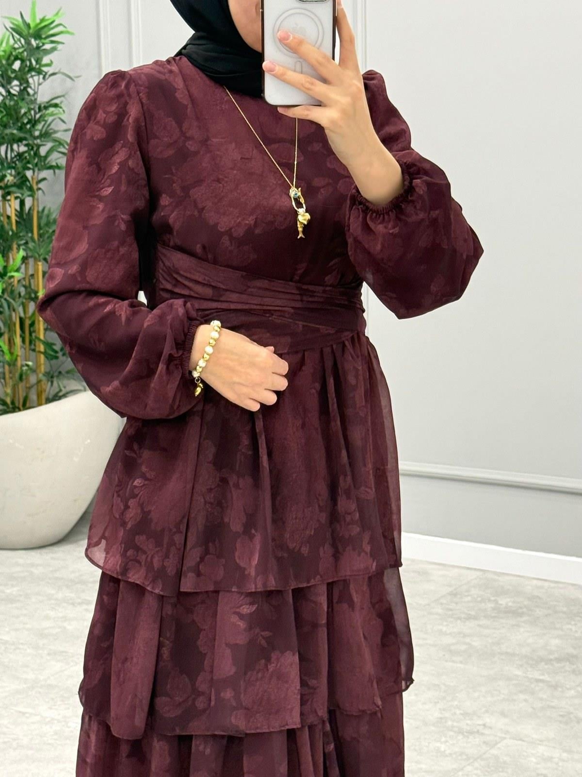 Elsa Çiçek Desen Elbise -Bordo