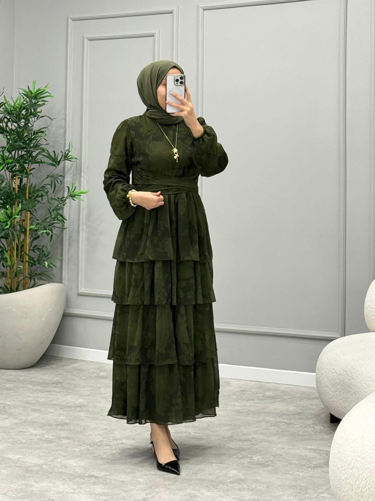 Elsa Çiçek Desen Elbise -Haki