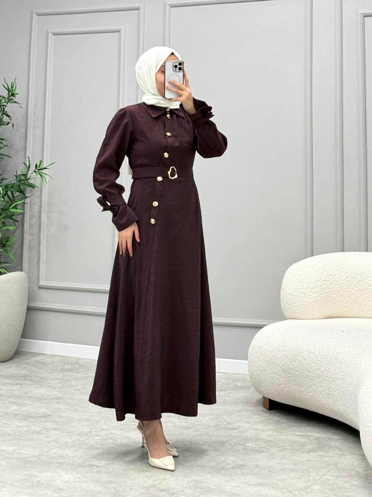 Esse  Düğmeli Elbise -Mürdüm