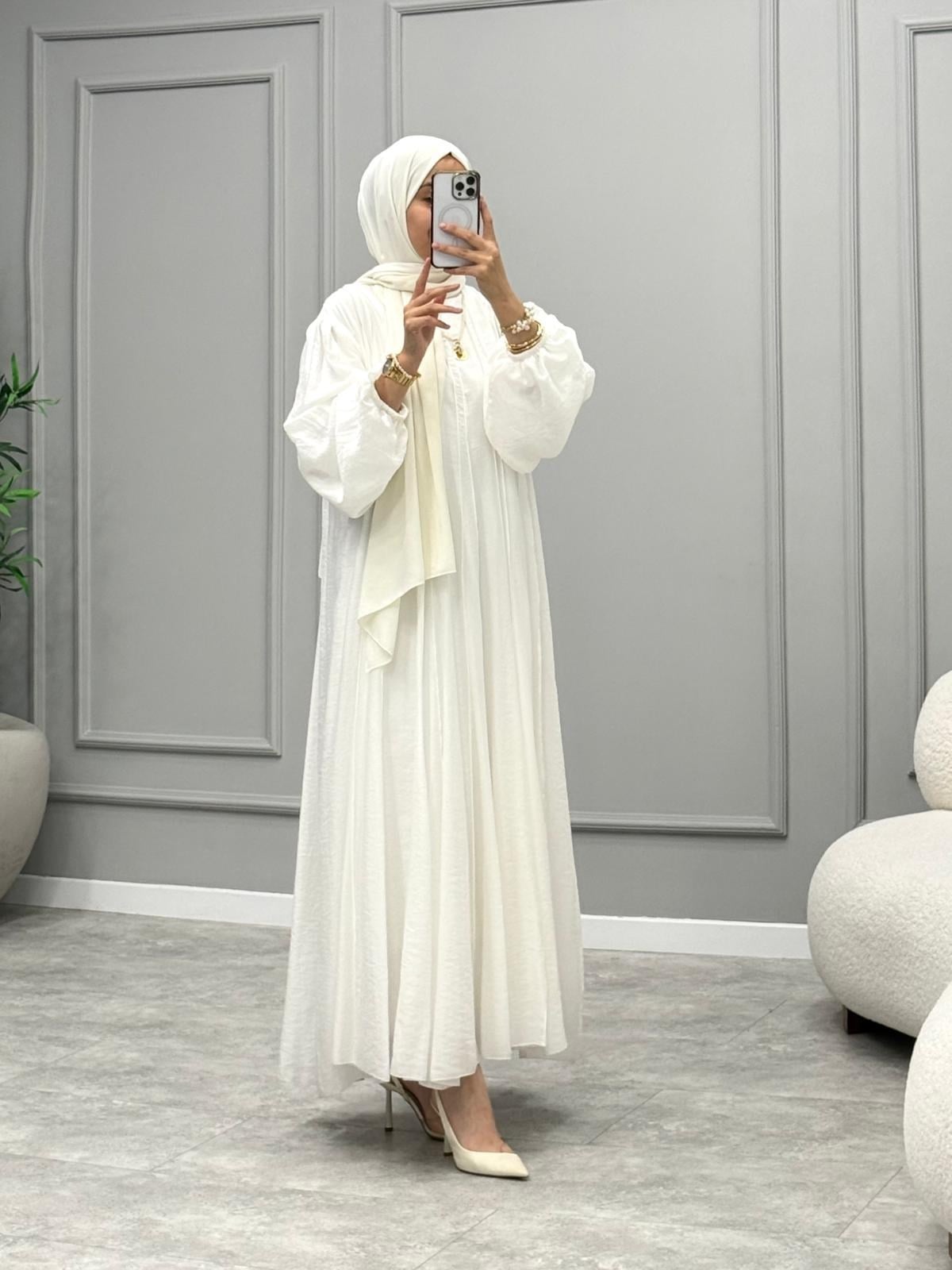 Flamlı Keten Elbise -Beyaz