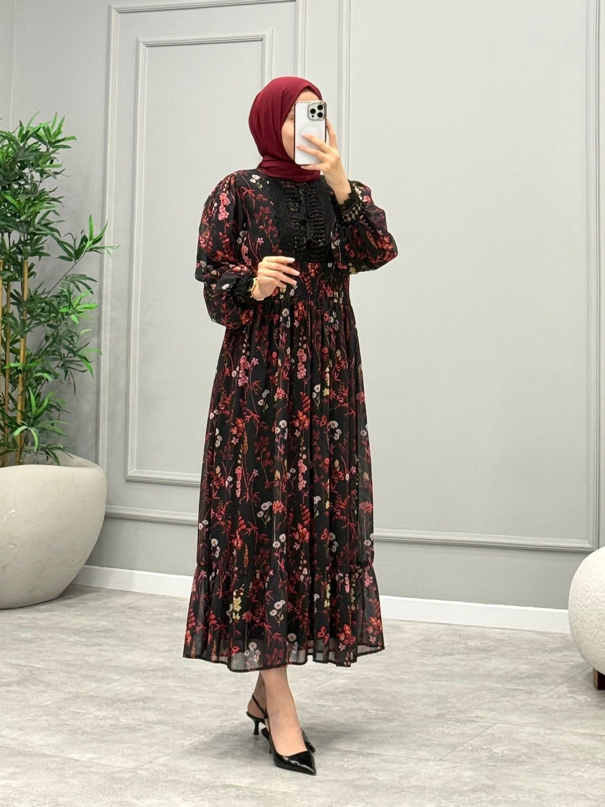 Flores Desenli Elbise -Kırmızı