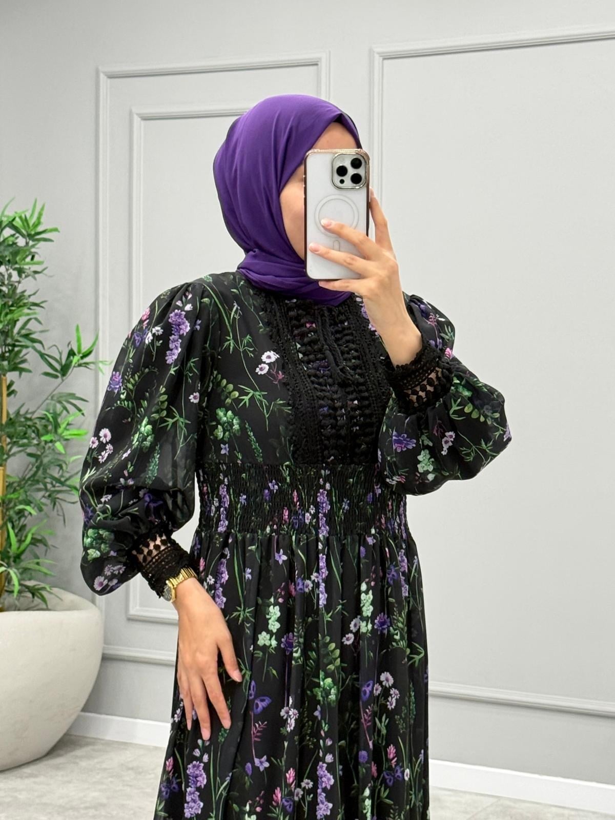 Flores Desenli Elbise -Mor
