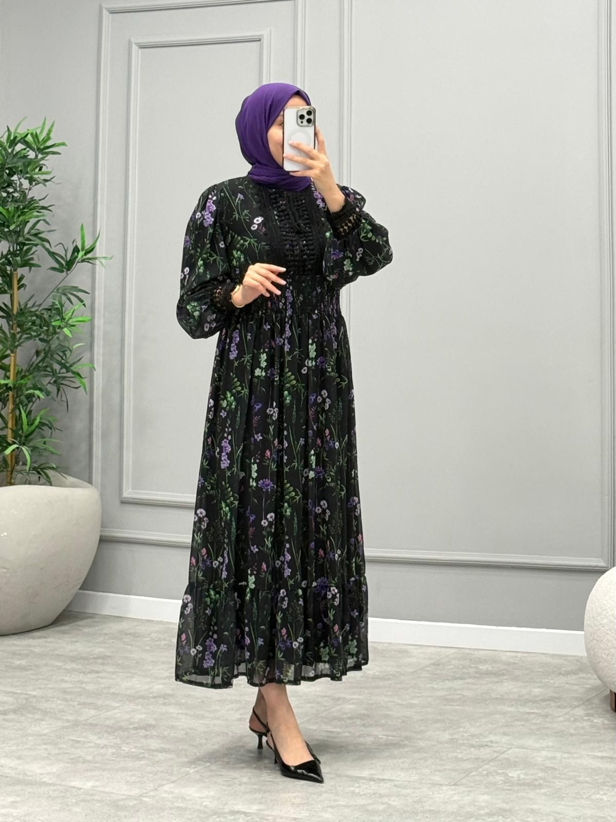 Flores Desenli Elbise -Mor