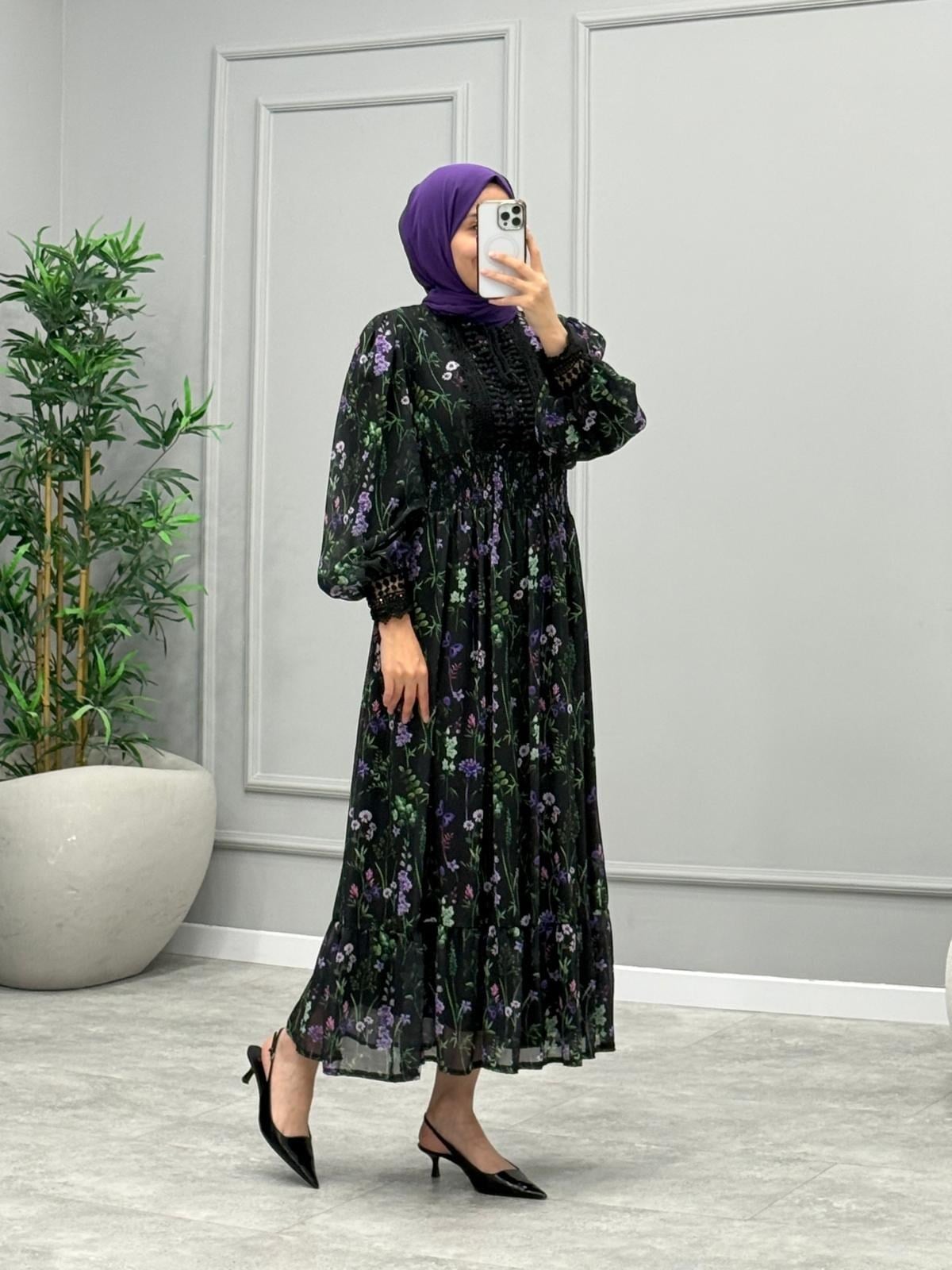 Flores Desenli Elbise -Mor