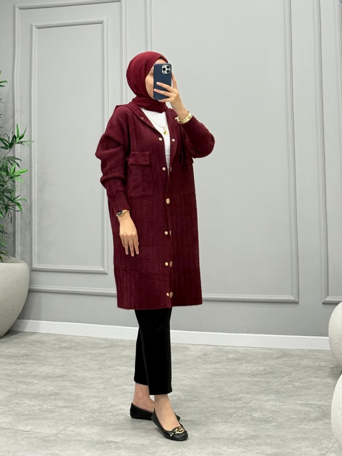 Hazel Kapüşonlu Angora Hırka -Bordo