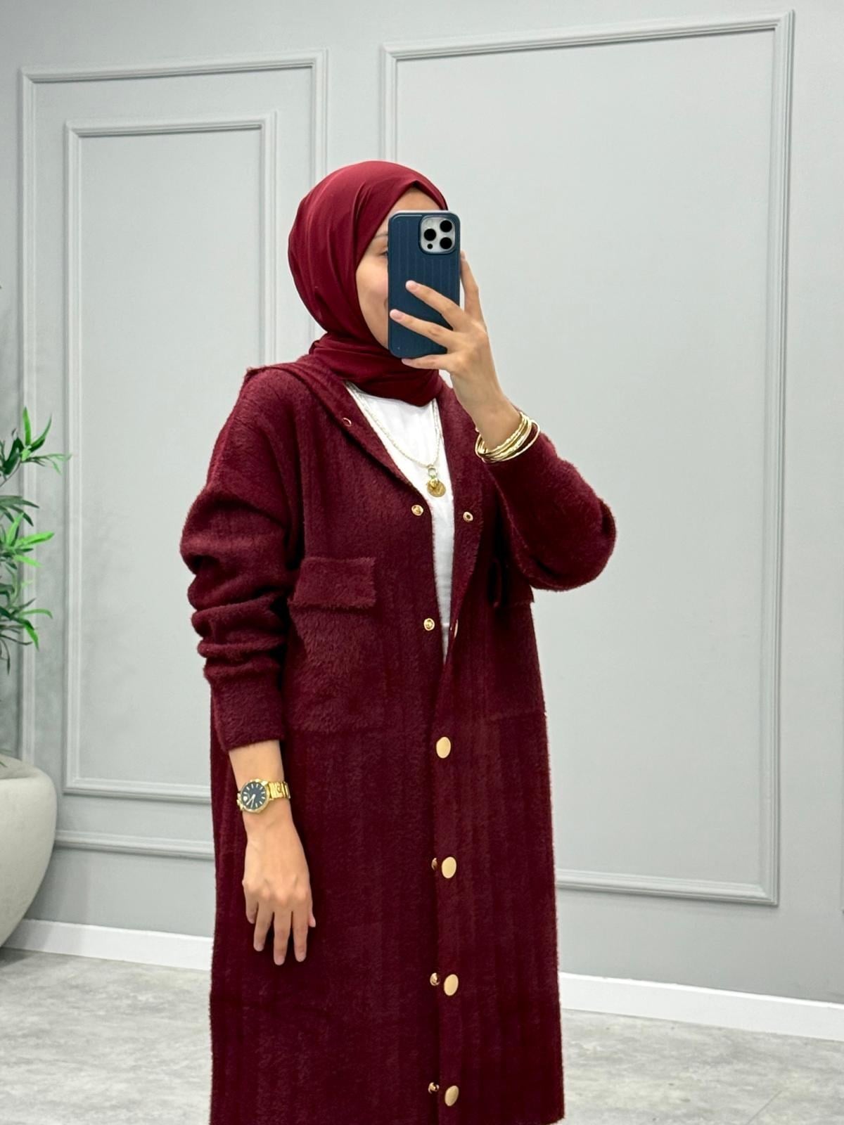 Hazel Kapüşonlu Angora Hırka -Bordo
