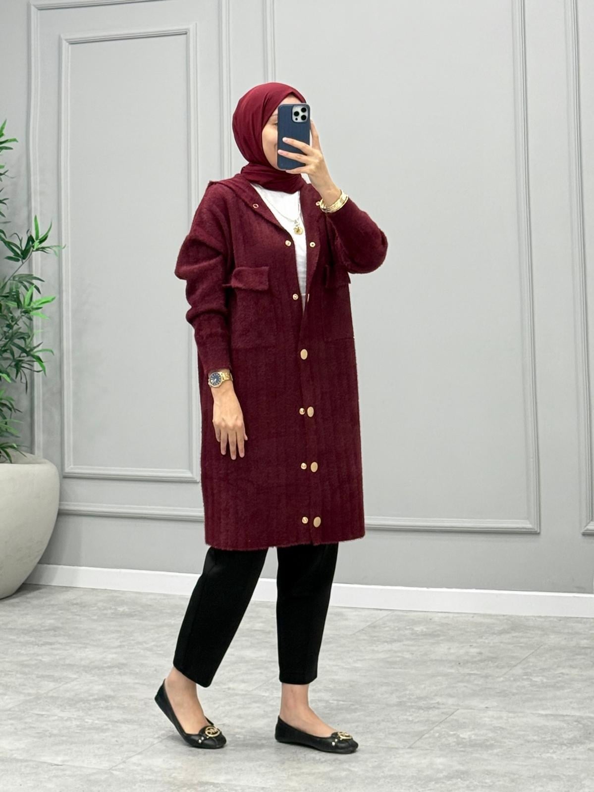 Hazel Kapüşonlu Angora Hırka -Bordo