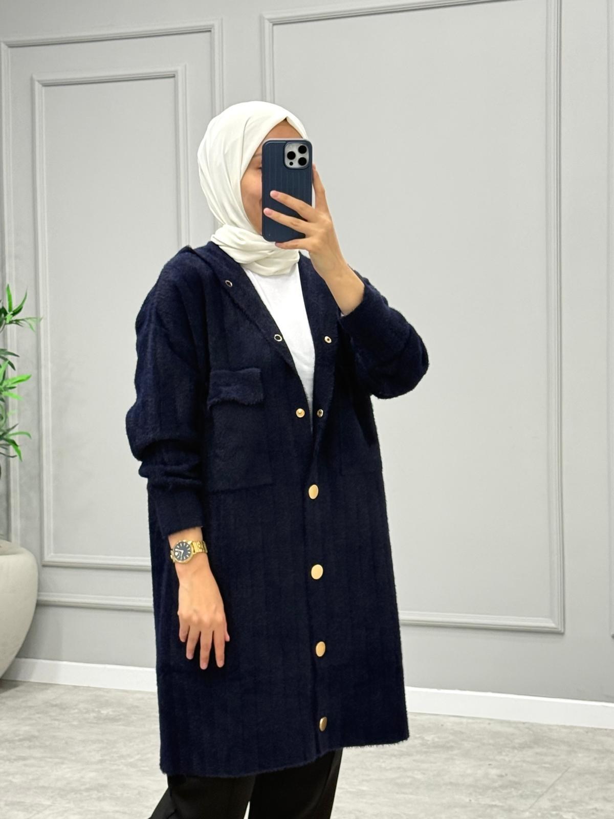 Hazel Kapüşonlu Angora Hırka -Lacivert