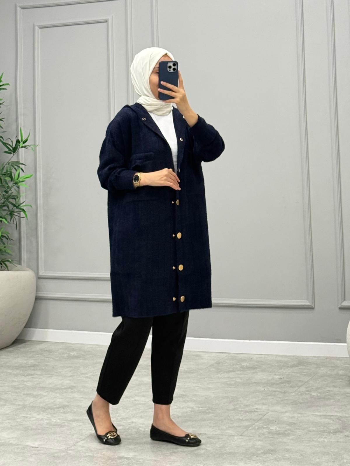 Hazel Kapüşonlu Angora Hırka -Lacivert