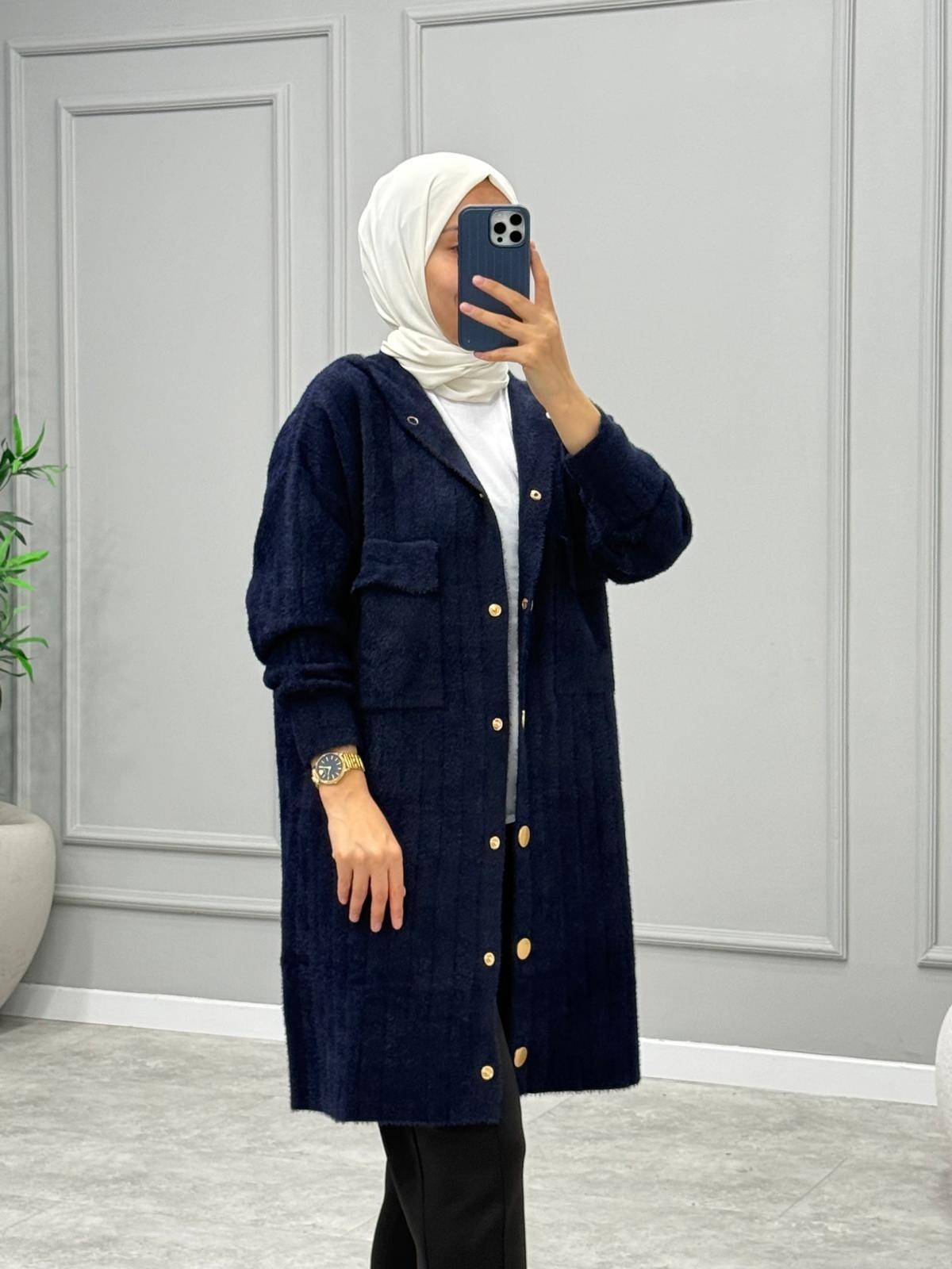 Hazel Kapüşonlu Angora Hırka -Lacivert
