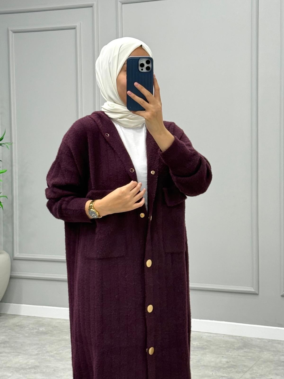Hazel Kapüşonlu Angora Hırka -Mürdüm