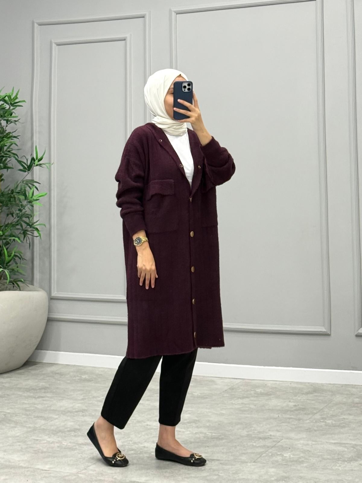 Hazel Kapüşonlu Angora Hırka -Mürdüm