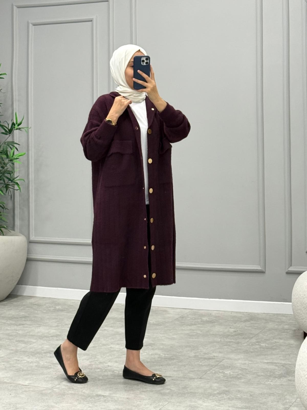 Hazel Kapüşonlu Angora Hırka -Mürdüm
