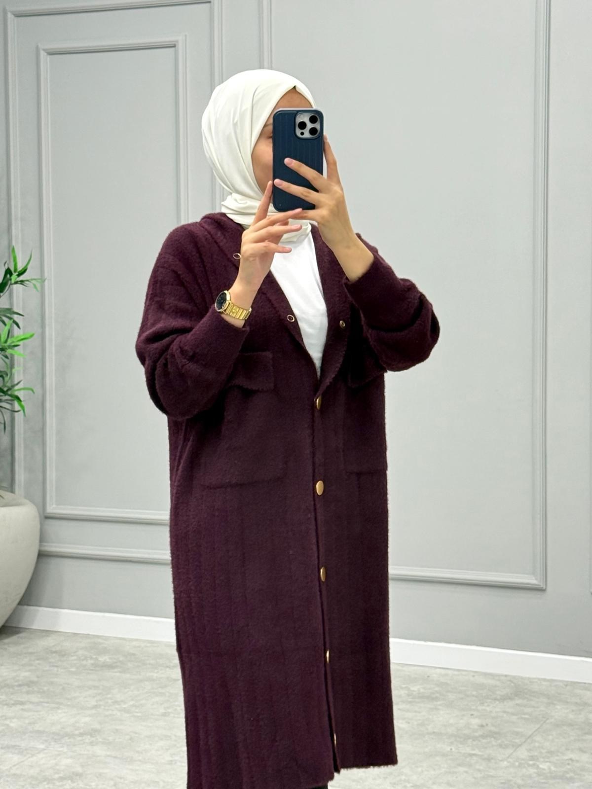 Hazel Kapüşonlu Angora Hırka -Mürdüm