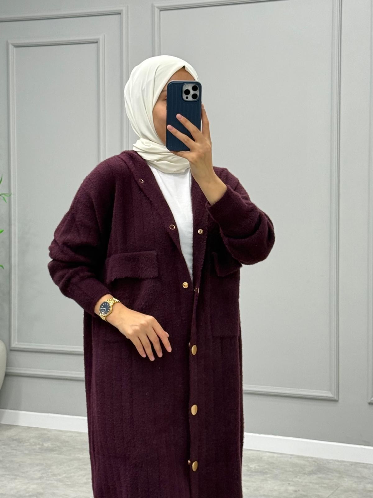 Hazel Kapüşonlu Angora Hırka -Mürdüm