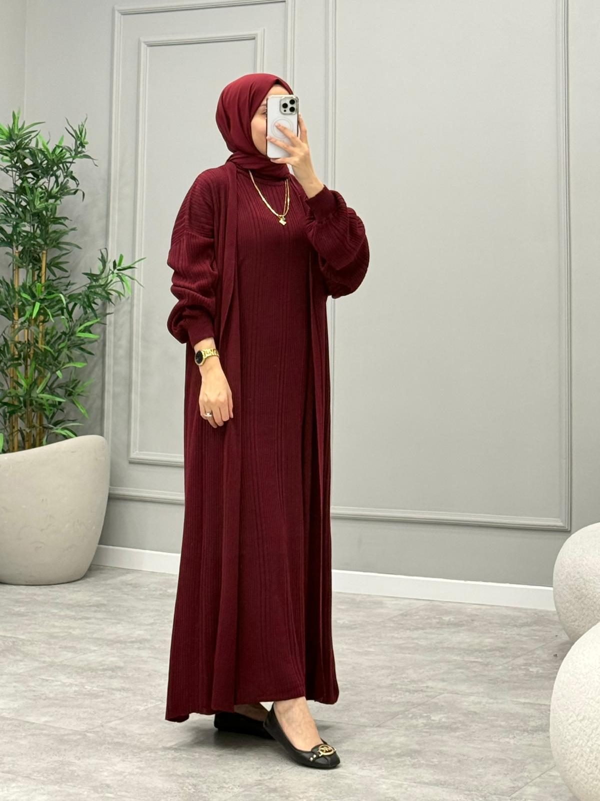 Hırkalı Triko Elbise -Bordo