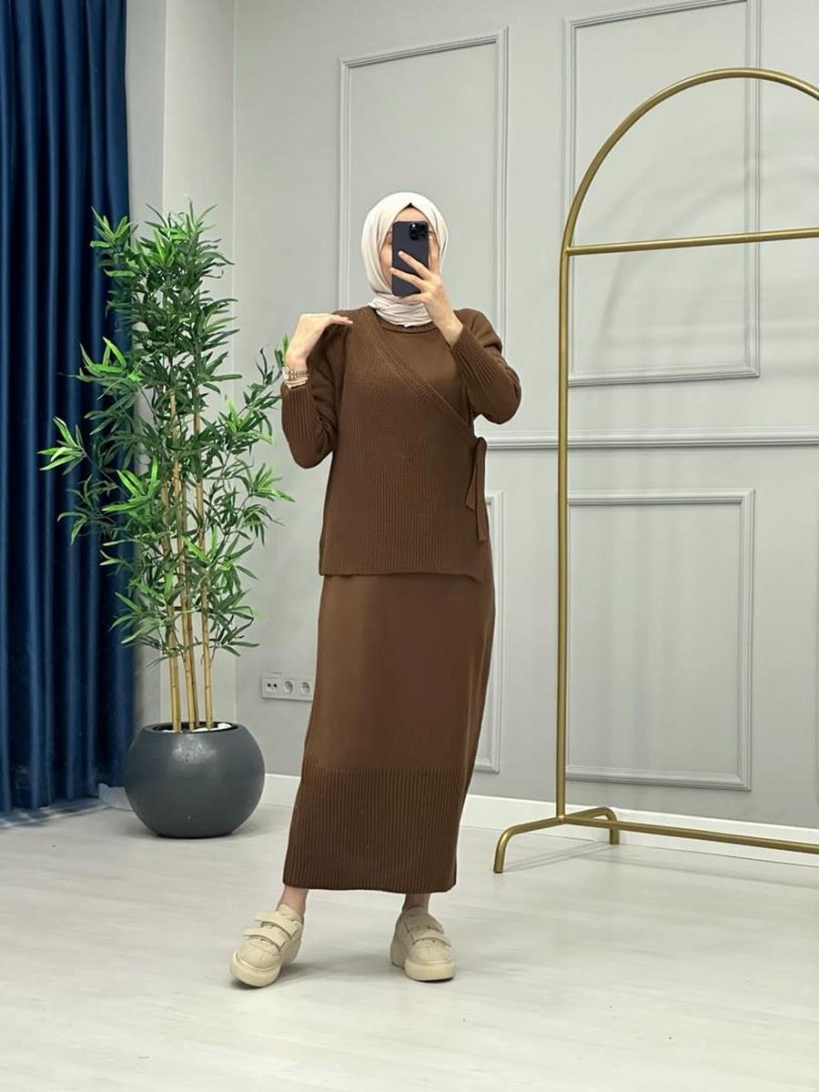 İkili Örme Elbise Acı Kahve