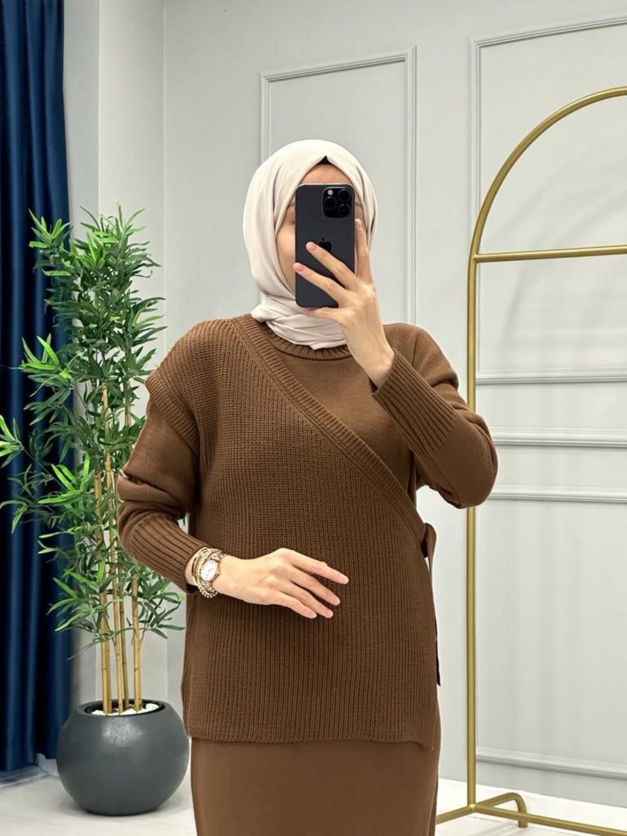 İkili Örme Elbise Acı Kahve