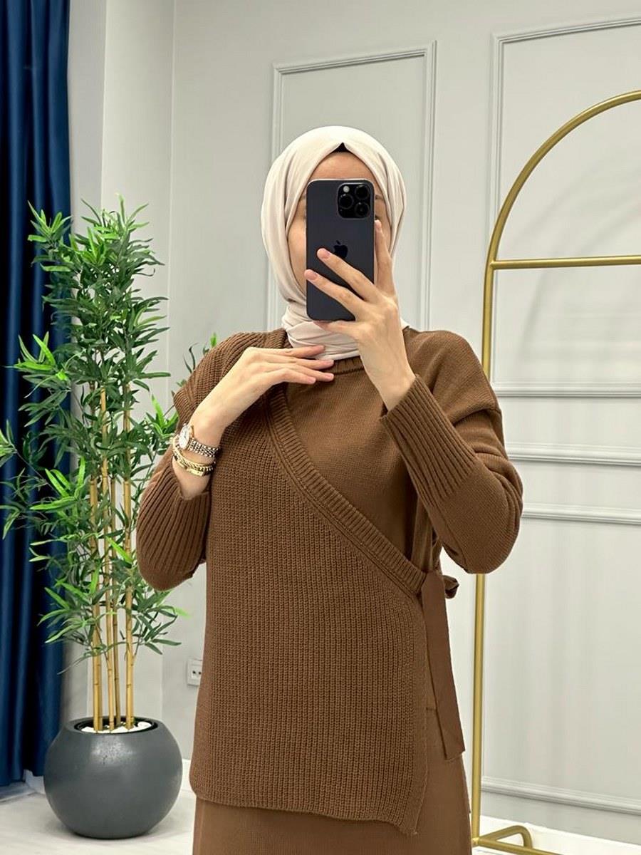 İkili Örme Elbise Acı Kahve