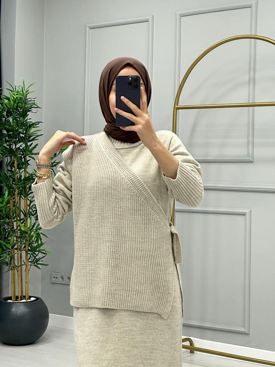 İkili Örme Elbise Bej