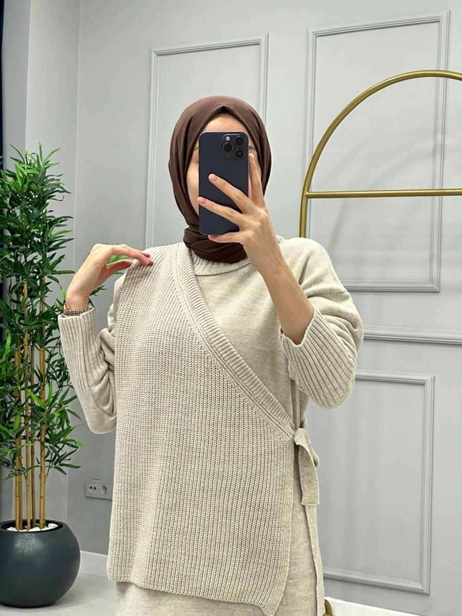 İkili Örme Elbise Bej