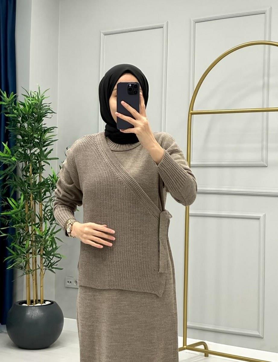 İkili Örme Elbise Vizon