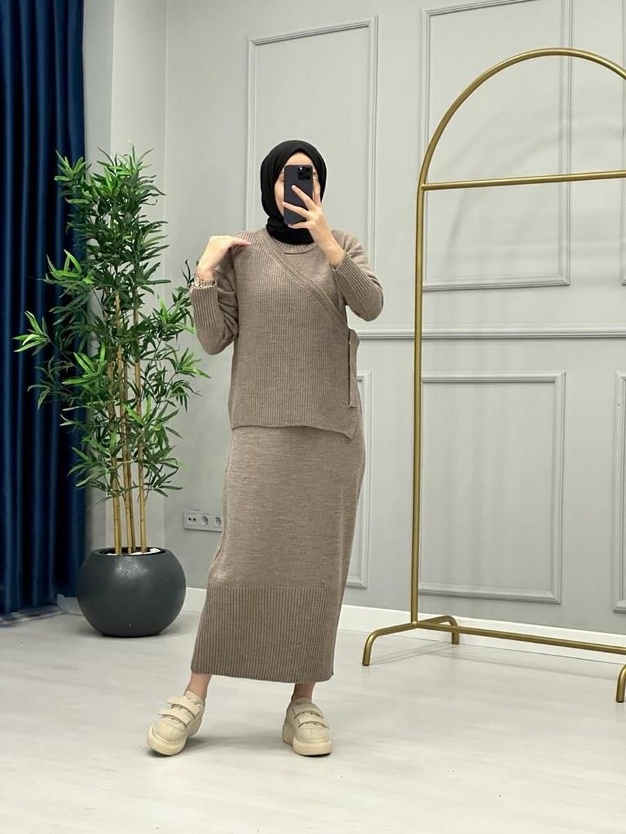 İkili Örme Elbise Vizon