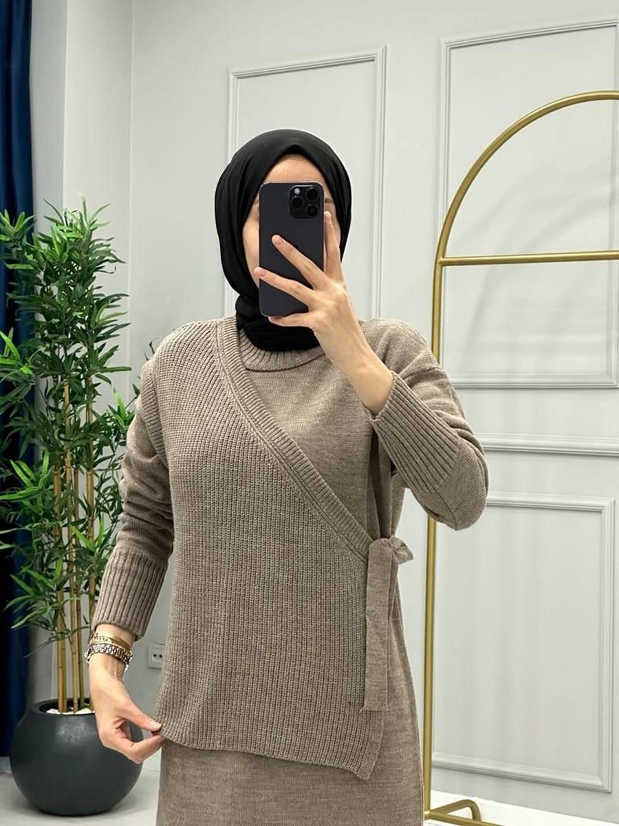 İkili Örme Elbise Vizon