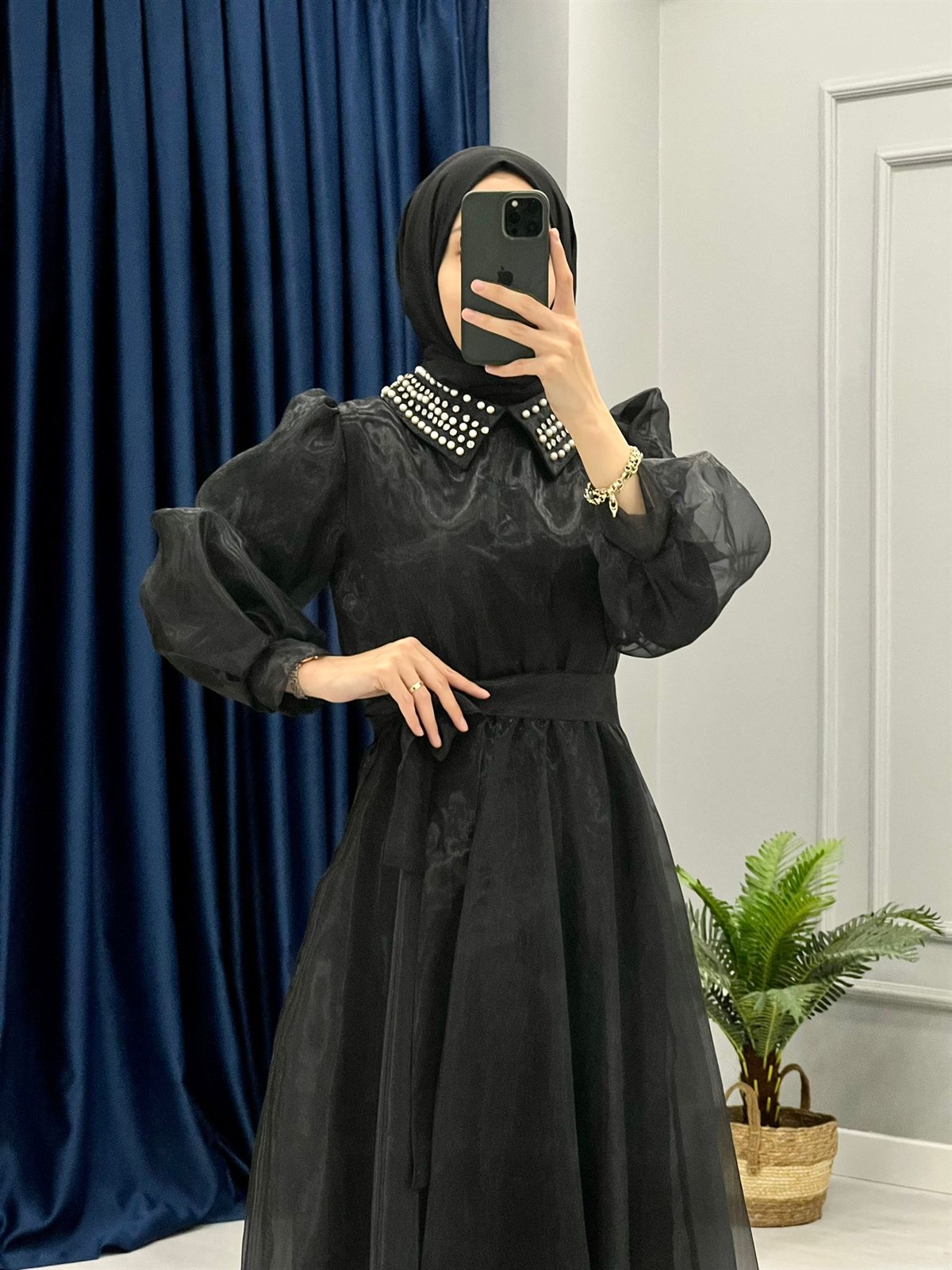 İnci Detaylı Abiye Siyah