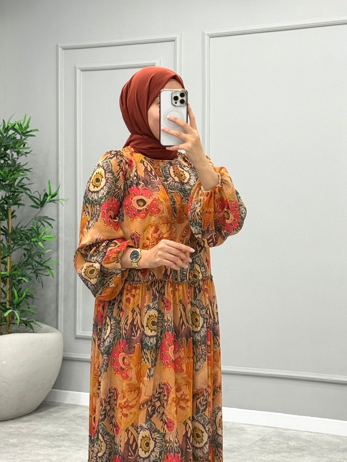 Lavin Desenli Elbise -Turuncu