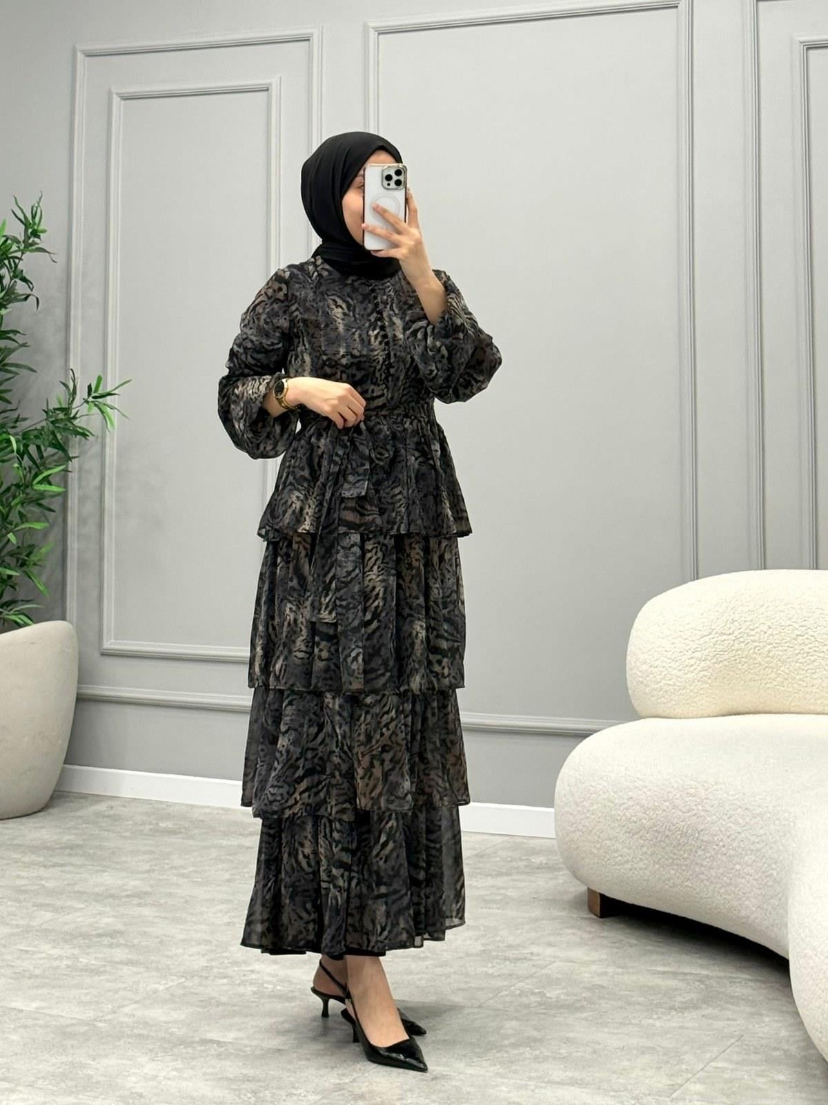 Leopar Desen Şifon Elbise -Siyah
